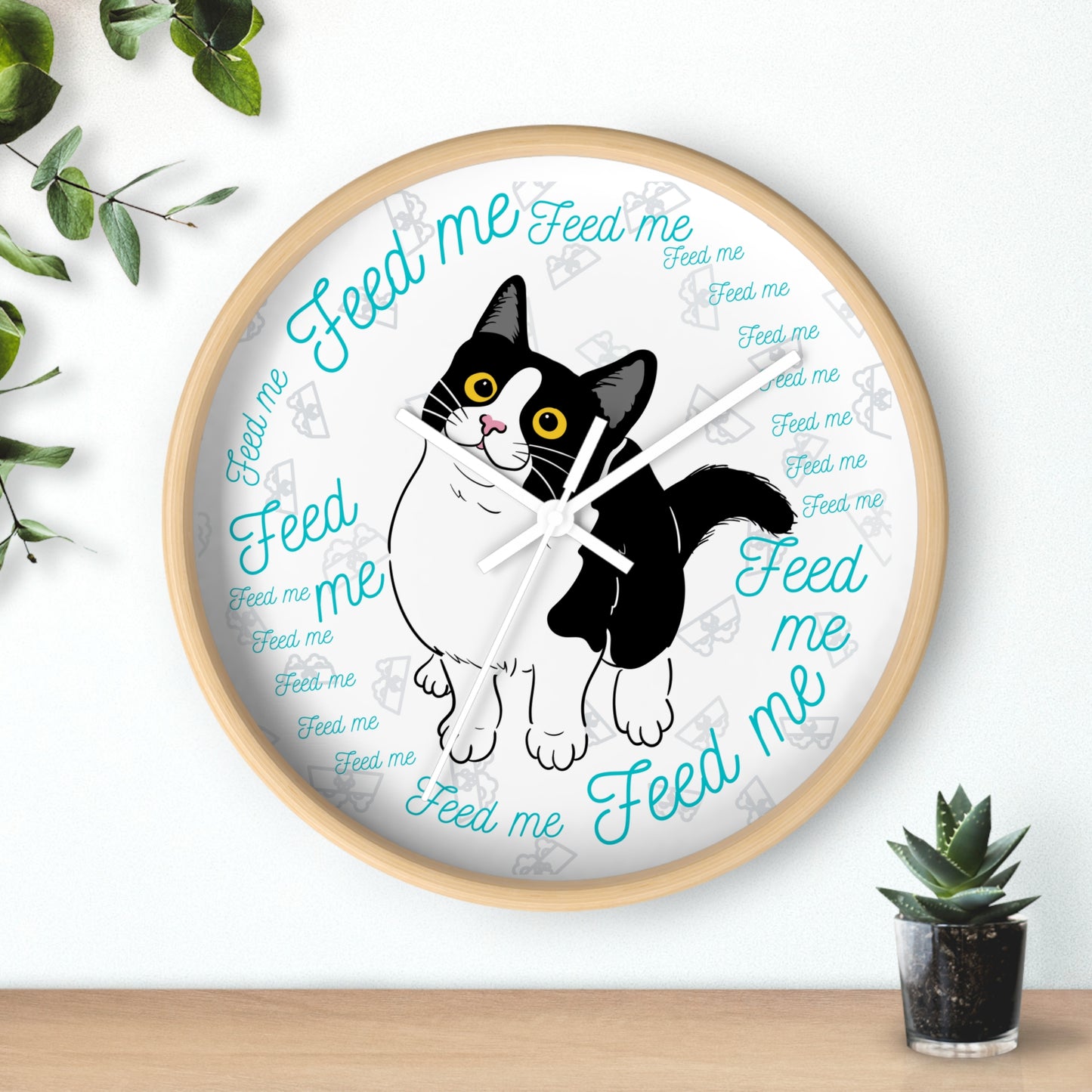 Cute Cat Wall Clock - "Feed Me" Design for Pet Lovers