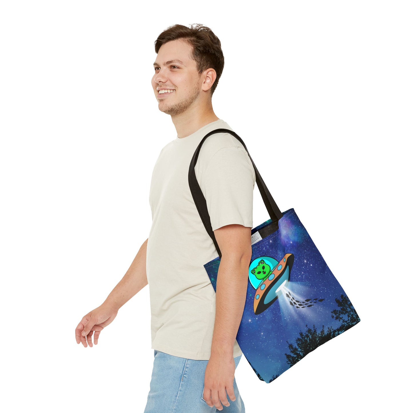 Alien Cat Beaming up Fish Tote Bag
