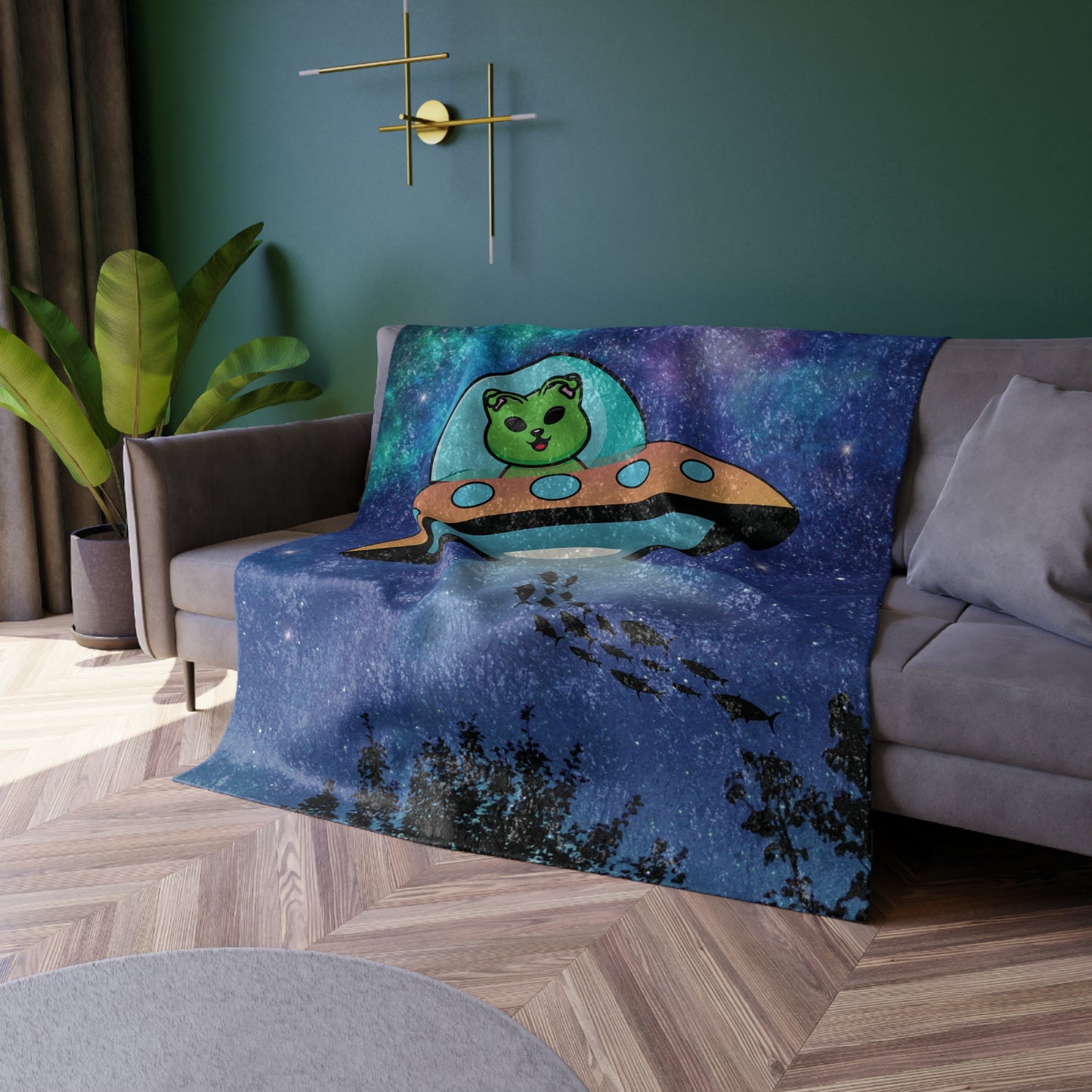 Alien Cat Beaming Up Fish Crushed Velvet Throw Blanket