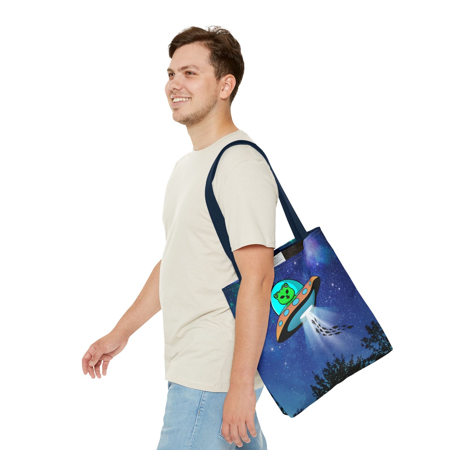 Alien Cat Beaming up Fish Tote Bag