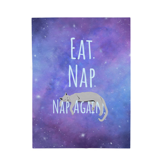 Plush Pet Blanket - 'Eat. Nap. Nap Again.' Space Cat Velveteen Throw Blanket