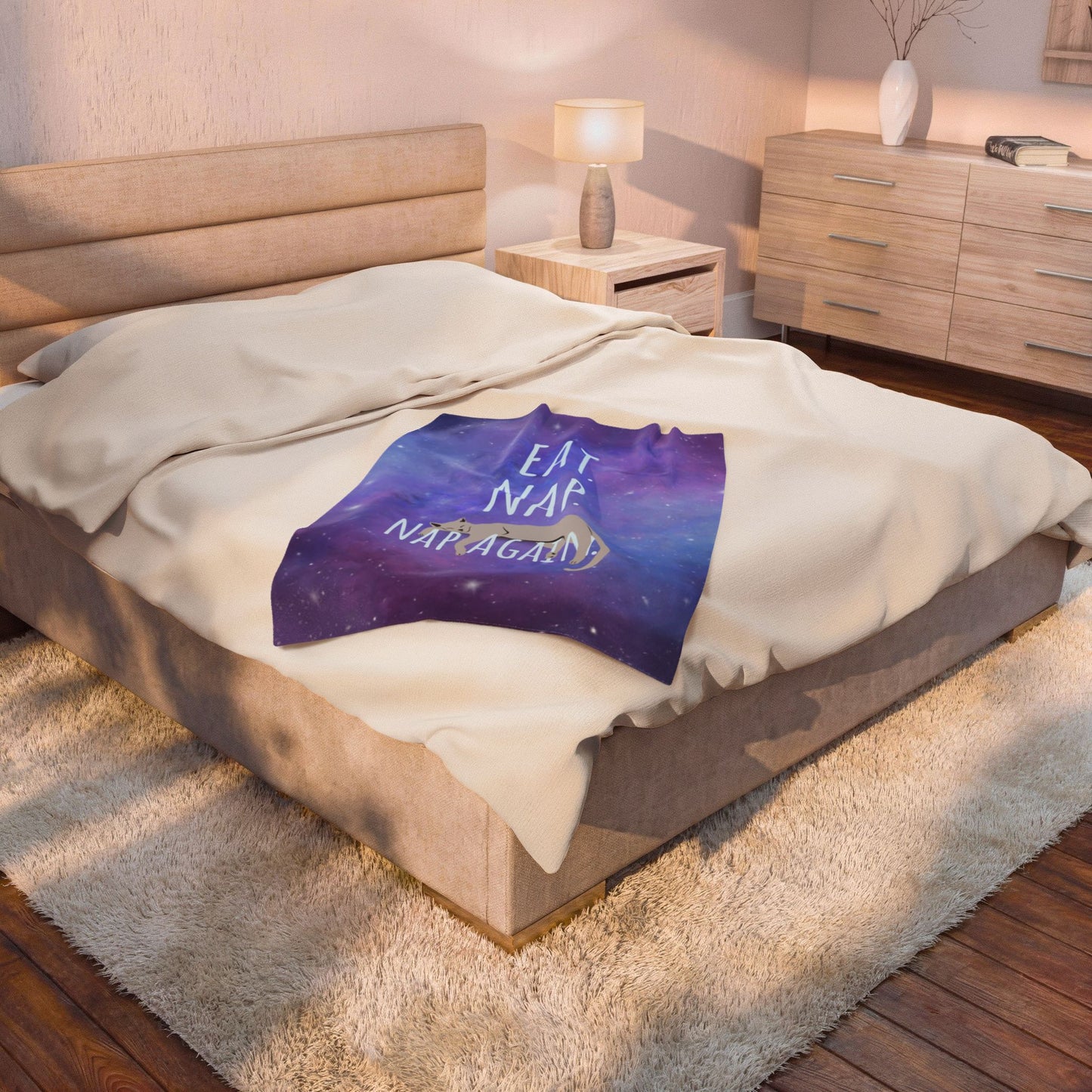 Plush Pet Blanket - 'Eat. Nap. Nap Again.' Space Cat Velveteen Throw Blanket