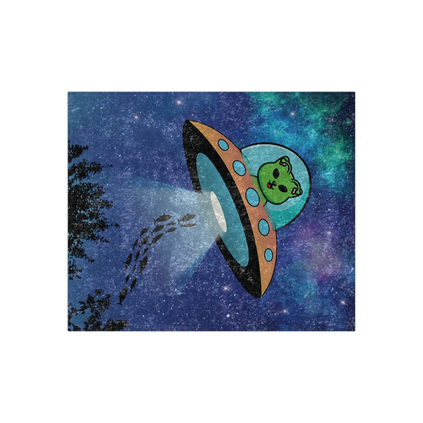 Alien Cat Beaming Up Fish Crushed Velvet Throw Blanket