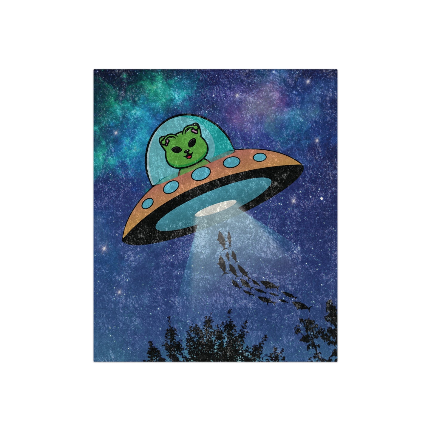 Alien Cat Beaming Up Fish Crushed Velvet Throw Blanket
