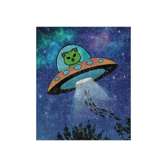 Alien Cat Beaming Up Fish Crushed Velvet Throw Blanket