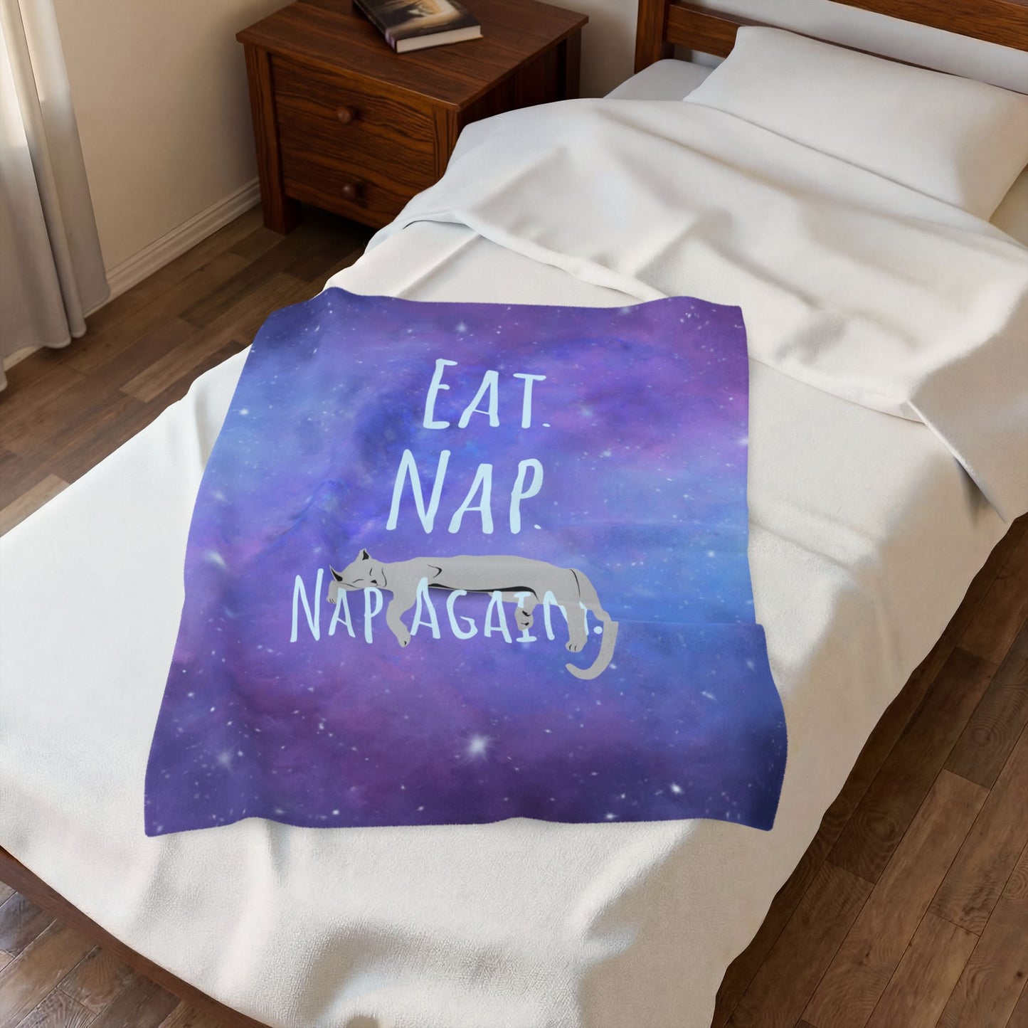 Plush Pet Blanket - 'Eat. Nap. Nap Again.' Space Cat Velveteen Throw Blanket