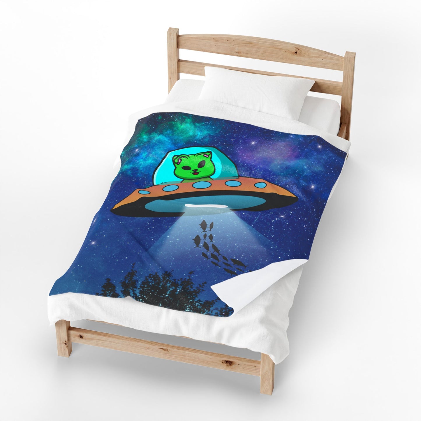 Alien Cat UFO Plush Blanket — Velveteen Space Throw for Space & Cat Lovers