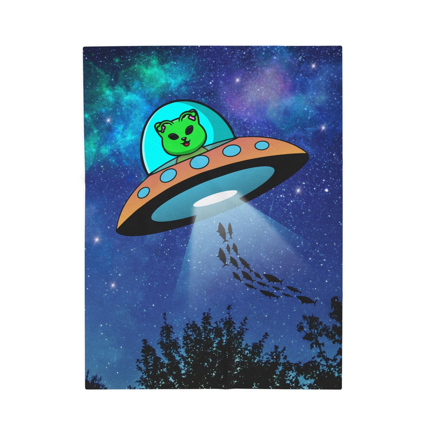 Alien Cat UFO Plush Blanket — Velveteen Space Throw for Space & Cat Lovers