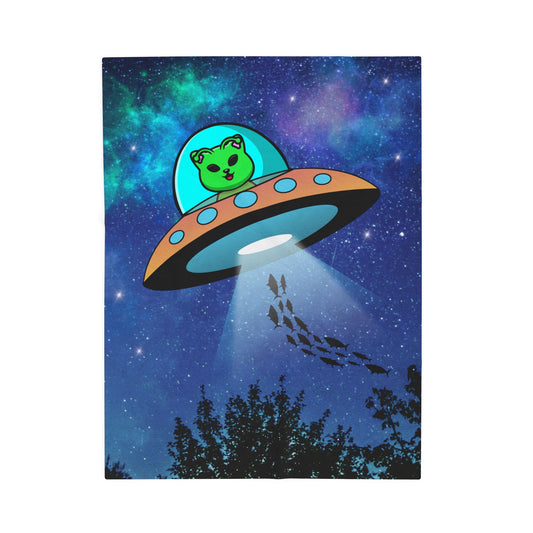 Alien Cat UFO Plush Blanket — Velveteen Space Throw for Space & Cat Lovers