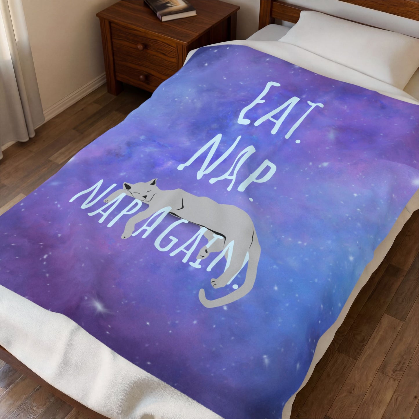 Plush Pet Blanket - 'Eat. Nap. Nap Again.' Space Cat Velveteen Throw Blanket