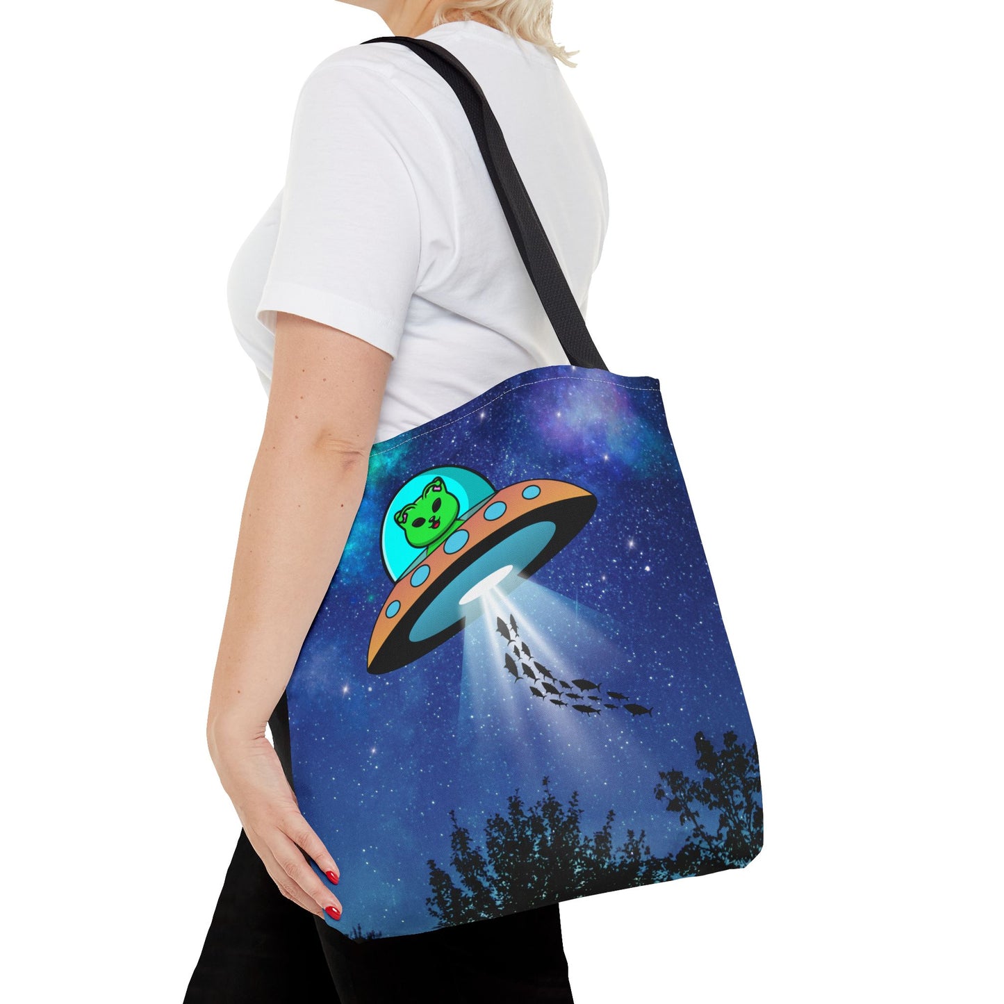 Alien Cat Beaming up Fish Tote Bag