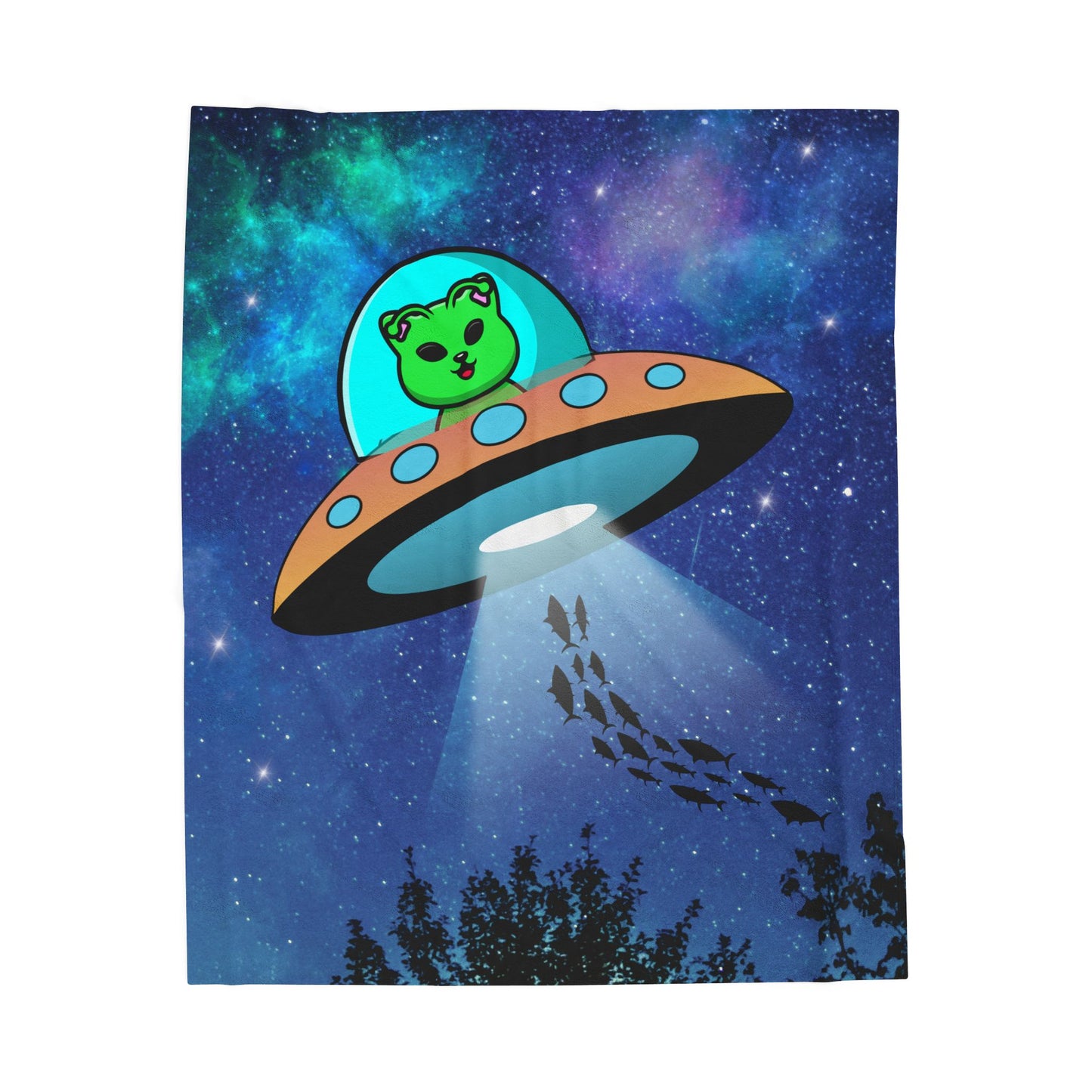 Alien Cat UFO Plush Blanket — Velveteen Space Throw for Space & Cat Lovers